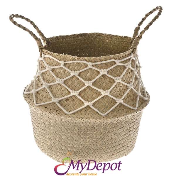 Плетена кашпа с дръжки от натурална ракита с декорация от памучно въже, 36х32 см 