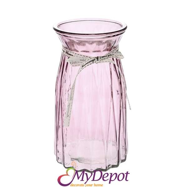 Ваза от цветно розово стъкло с дискретна панделка, 11х20 см