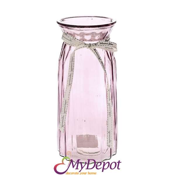 Ваза от цветно розово стъкло с дискретна панделка, 10х25 см