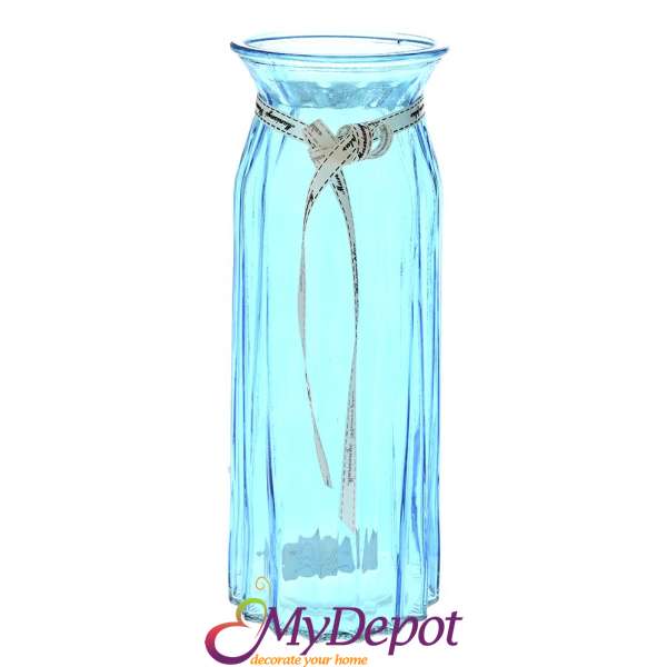 Ваза от цветно синьо стъкло с дискретна панделка, 10х30 см