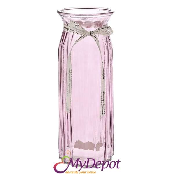 Ваза от цветно розово стъкло с дискретна панделка, 10х30 см