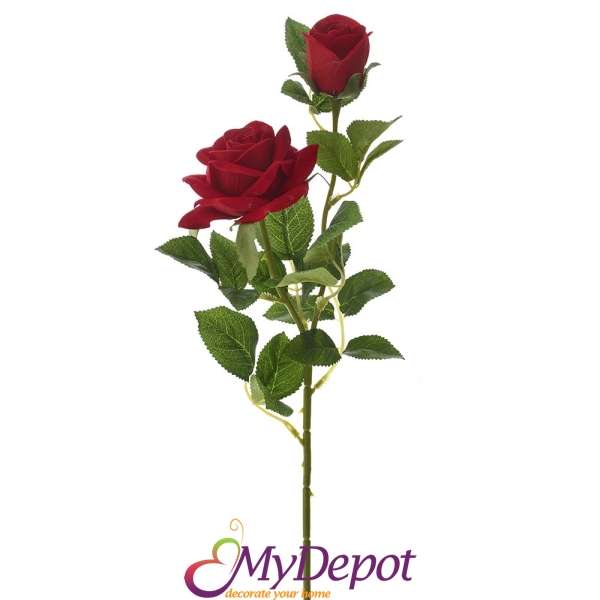 Стрък изкуствена червена роза с пъпка, 68 см