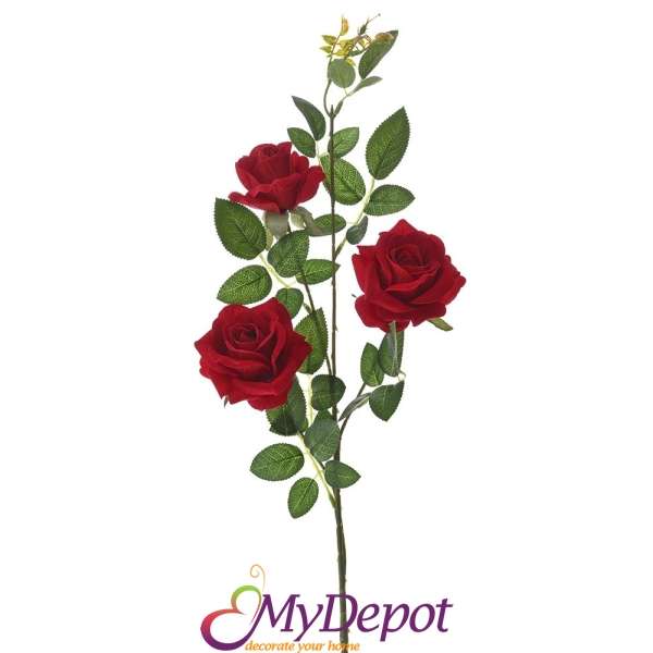 Стрък от 3 изкуствени червени рози, 76 см