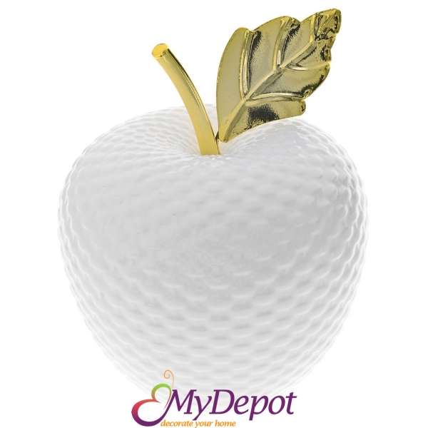 Керамична бяла ябълка с метално златно листо, Ф 14х18 см