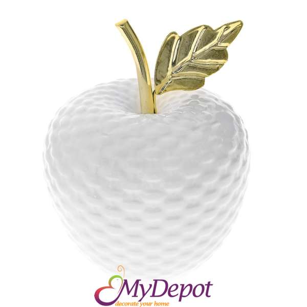 Керамична бяла ябълка с метално златно листо, Ф 10х12 см