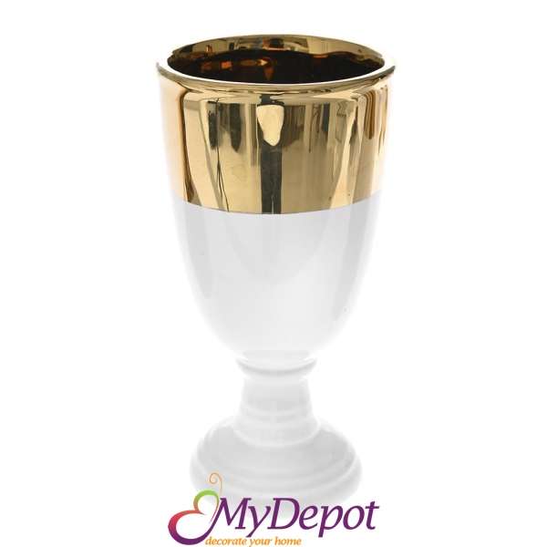 Керамична бяла ваза със златен кант, Ф 9х17 см