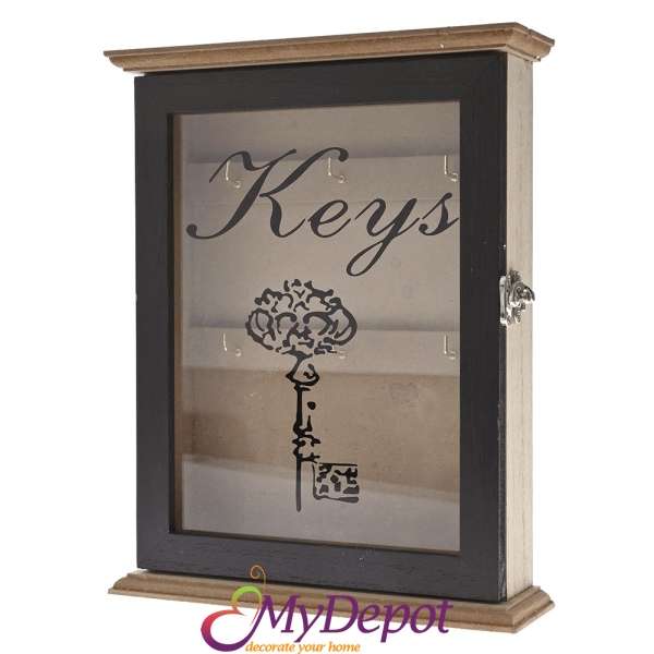 Дървена кутия за ключове със стъкло, 22х7х27 см