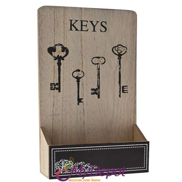 Дървена кутия за ключове Глухарче, натурал с черен кант, 20х6х32 см