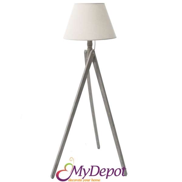 Лампа от дървен сив триножник с текстилен абажур, Ф 45х152 см