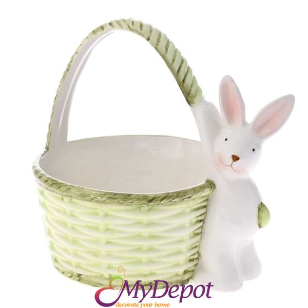 Керамична зелена кошничка с бял заек, 15,5х11,5х14,2 см