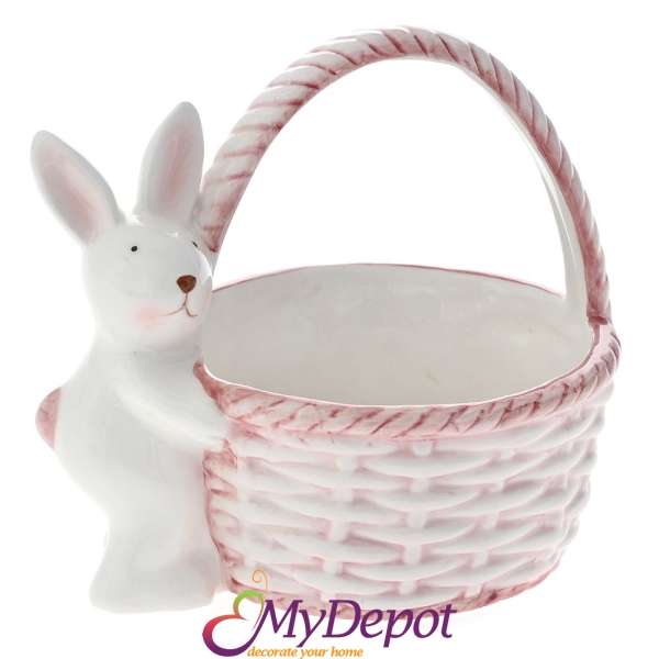 Керамична розова кошничка с бял заек, 15,5х11,5х14,2 см
