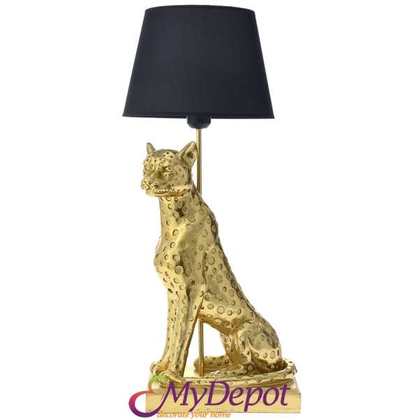 Настолна лампа златен поли леопард с черен кадифе абажур, 30х31х71 см