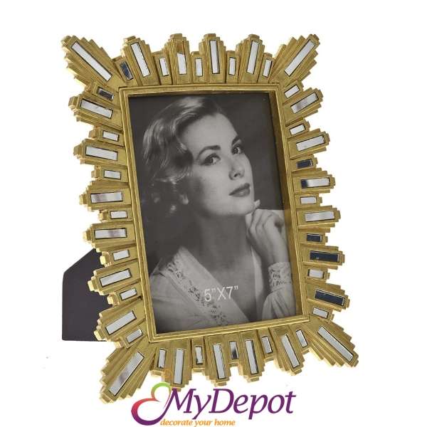 Златна поли фото рамка с огледални орнаменти, 21х25, за снимка 13х18 см