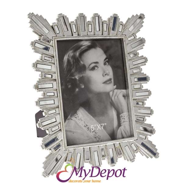Сребърна поли фото рамка с огледални орнаменти, 21х25, за снимка 13х18 см