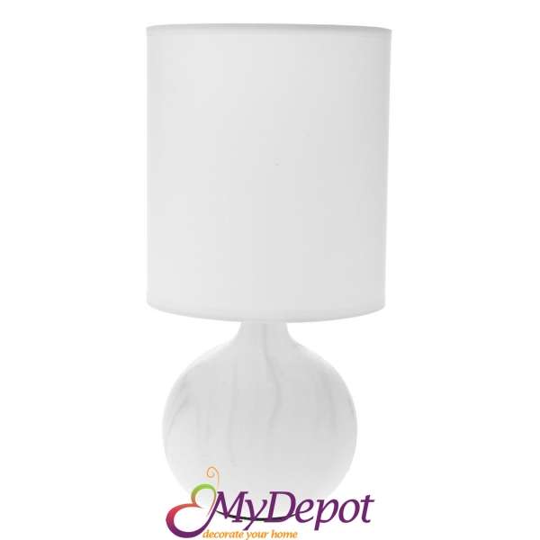 Нощна лампа с керамична основа с мраморен ефект и текстилен бял абажур, Ф16,5х33см