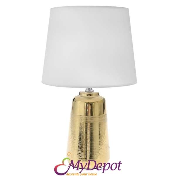 Нощна лампа с керамична основа със златен ефект и текстилен бял абажур, Ф28х47см