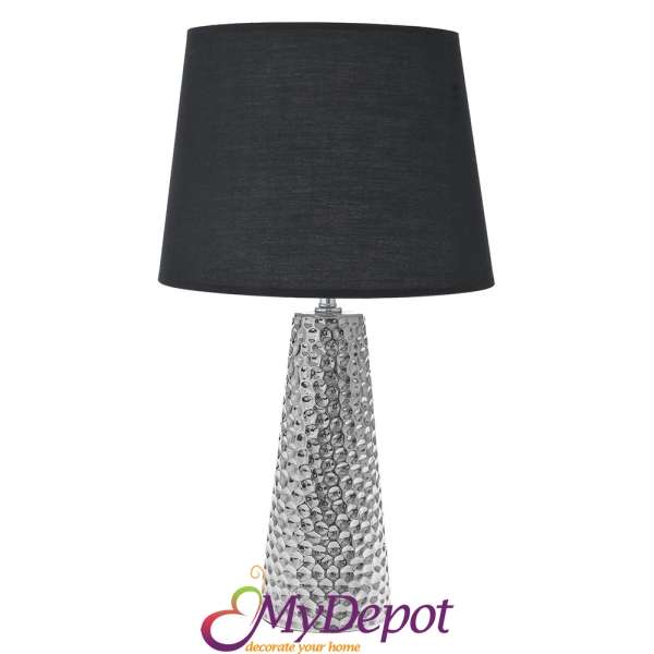 Нощна лампа с керамична основа с метален ефект и текстилен черен абажур, Ф33х58 см
