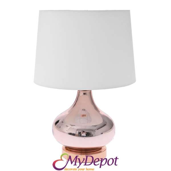 Нощна лампа със стъклена основа розово-злато и текстилен бял абажур, Ф28,5х40 см