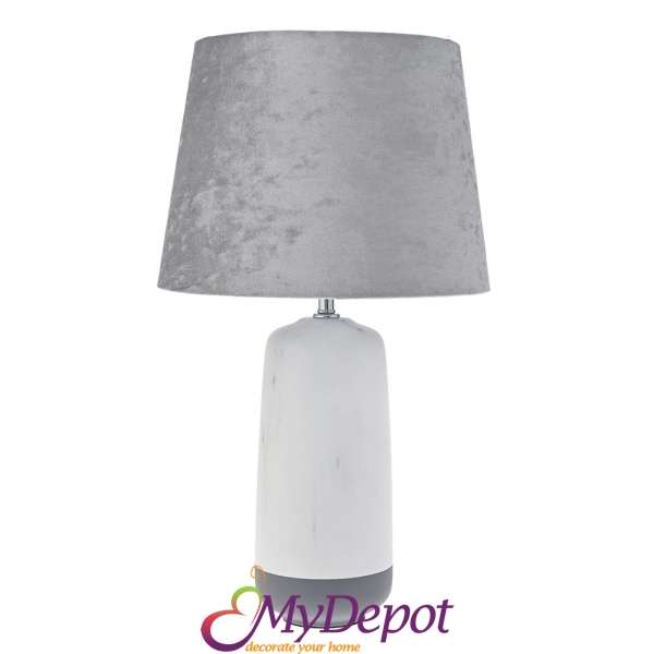 Нощна лампа с керамична основа с мрамор ефект и текстилен сив абажур, Ф33х58,5 см