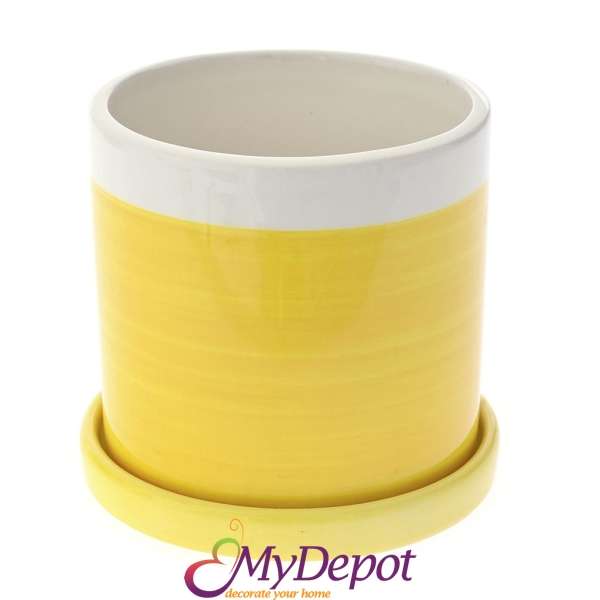 Керамична жълта саксия с чинийка, 12х12х12 см