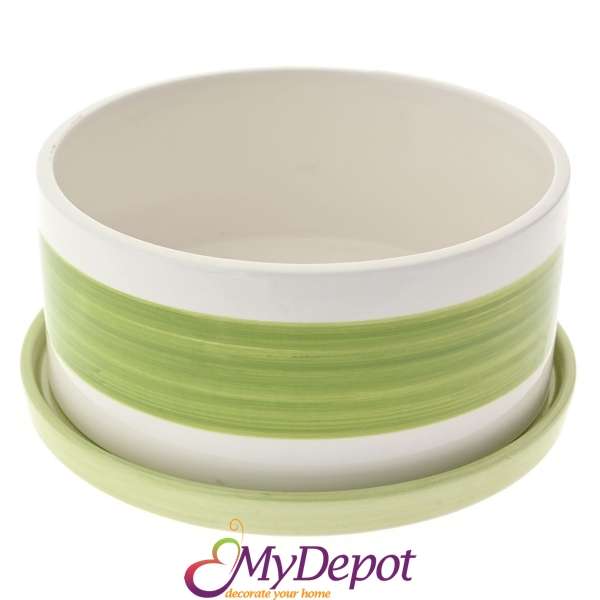 Керамична зелена саксия с чинийка, 18х18х8 см