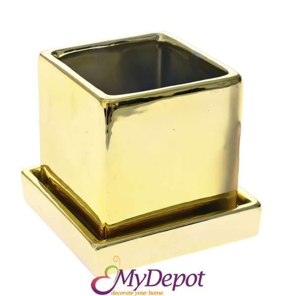 Керамична саксия със златно огледално покритие, 12,5х12,5х11,5 см