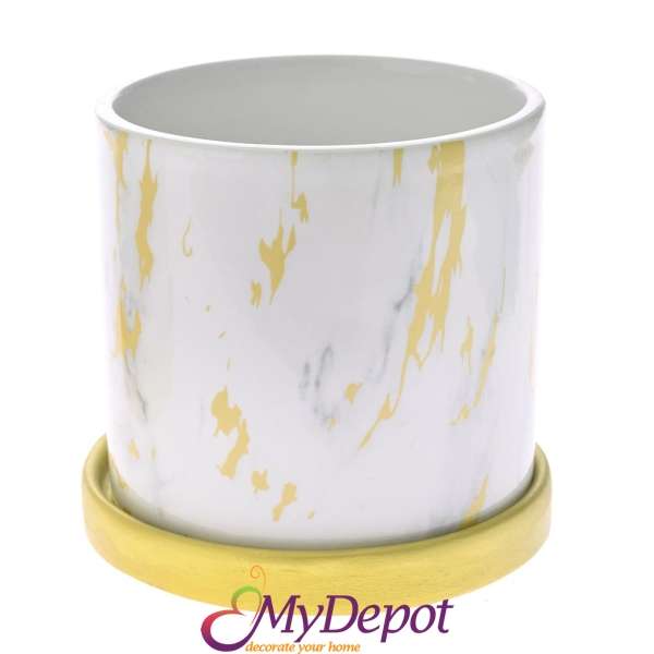 Керамична бяла саксия с мраморен златен ефект и чинийка, 11,5х11,5х11 см