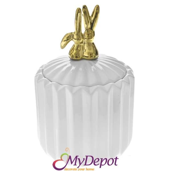 Керамична бяла кутия с двойка златни зайчета на капака, 12х12х18 см