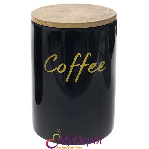 Керамична черна кутия за кафе/захар с бамбуков капак, 12х12х17 см