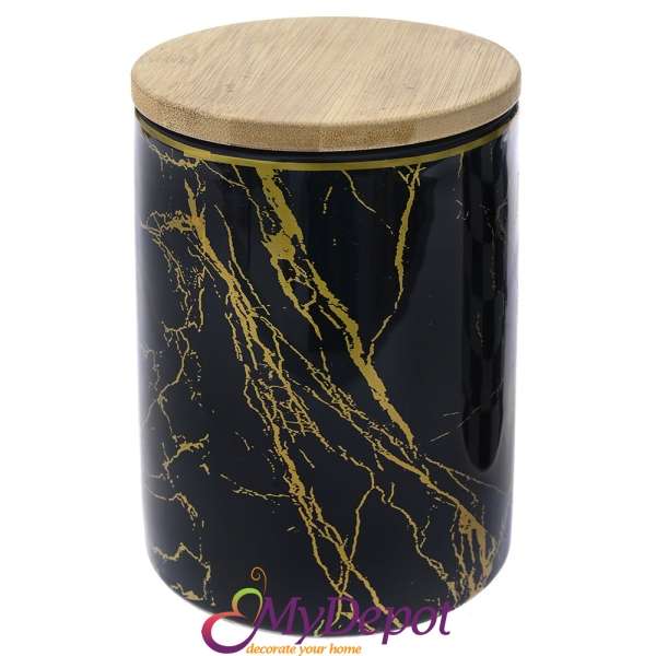 Керамична черна кутия със златен мраморен ефект и бамбуков капак, 10х10х14 см