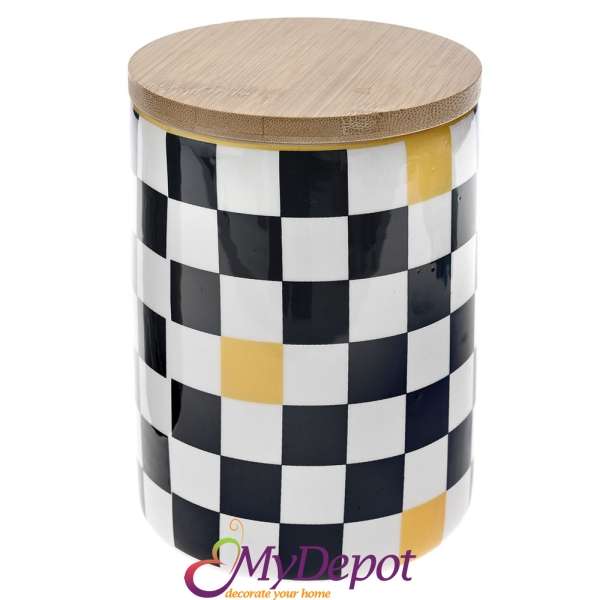 Керамична кутия черно-бяло каре с бамбуков капак, 10х10х14 см