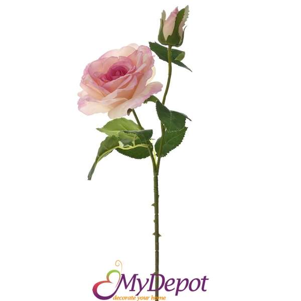 Стрък розова Роза изработена по технология Копринен цвят, 67 см