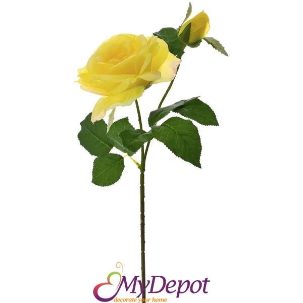 Стрък изкуствена жълта роза с пъпка, 67 см