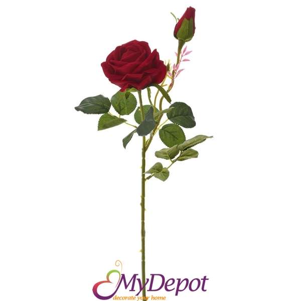 Стрък червена Роза изработена по технология Копринен цвят, 67 см