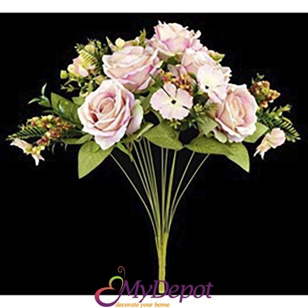 Букет от изкуствени цветя микс в бледо розово, 49 см