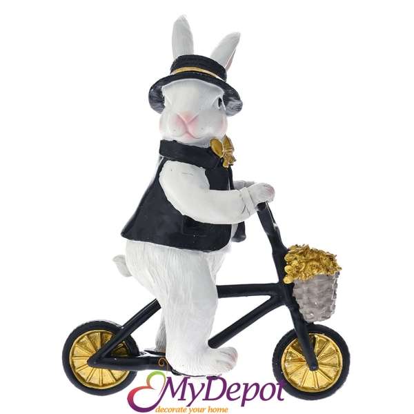 Бял поли заек с колело и черно сако, 15х24х33 см