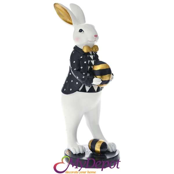 Бял поли заек с черно-бяло карирано сако, 11х13х32 см