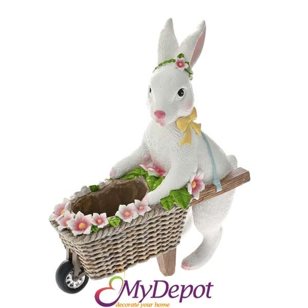 Бял поли заек с градинска количка, 18х8х20 см