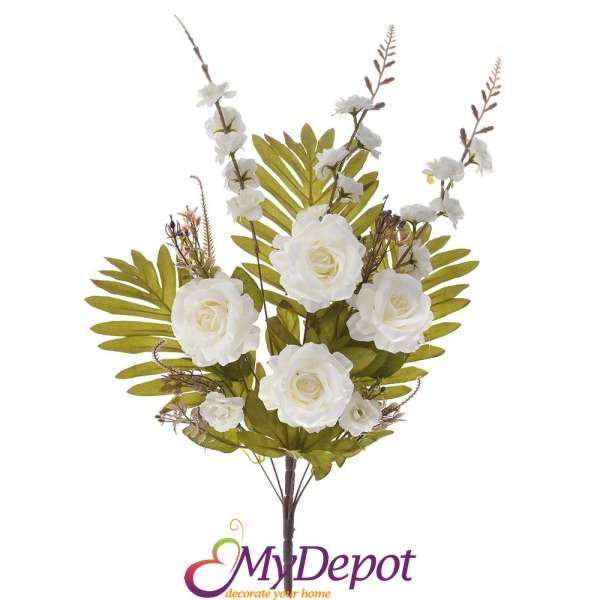 Букет от изкуствени бели рози и палмови листа