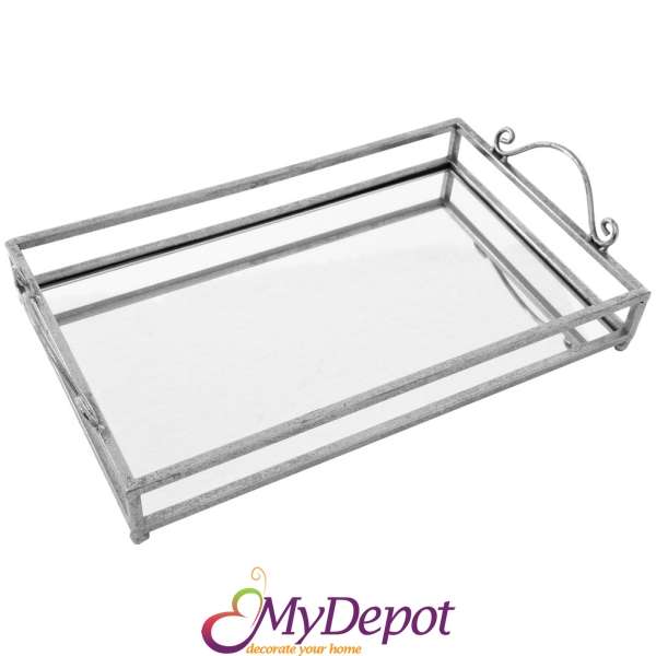 Метален сребърен поднос с огледална основа, 25х40х5 см