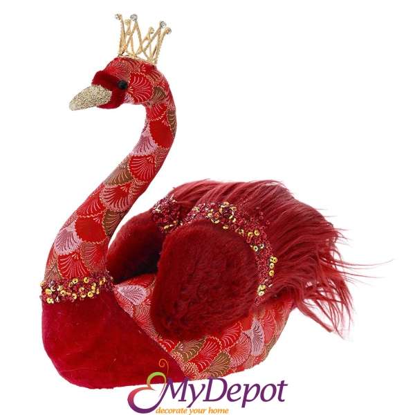 Лебед от червено кадифе с тъкан от повдигнат флорален дизайн, 24х16х27 см