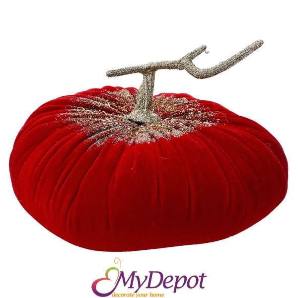 Декоративна тиква от червен велур с блясък, 27х27х20 см