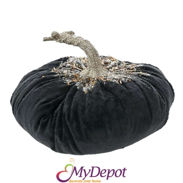 Декоративна тиква от черен велур с блясък, 20х20х14.5 см
