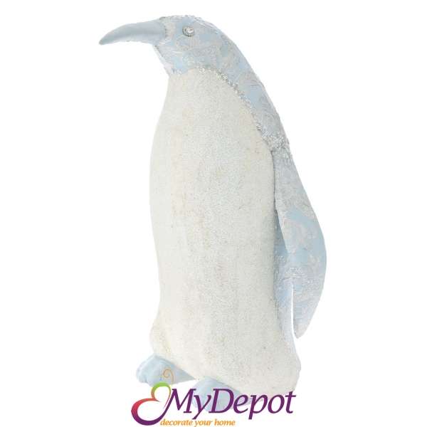 Пингвин от светло синя тъкан с повдигнат флорален ефект, 37х36х60 см
