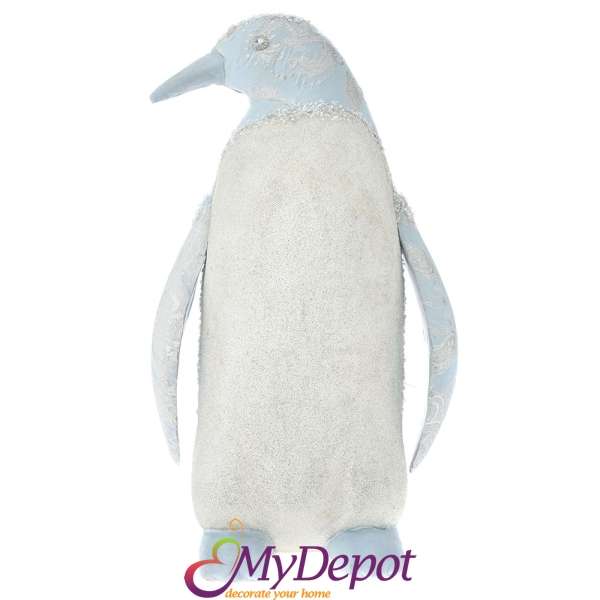 Пингвин от светло синя тъкан с повдигнат флорален ефект, 37х29х59 см