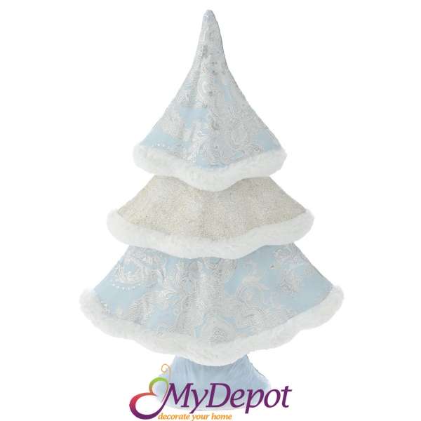 Коледно дърво от светло синя тъкан с повдигнат флорален ефект, 41х21х59 см