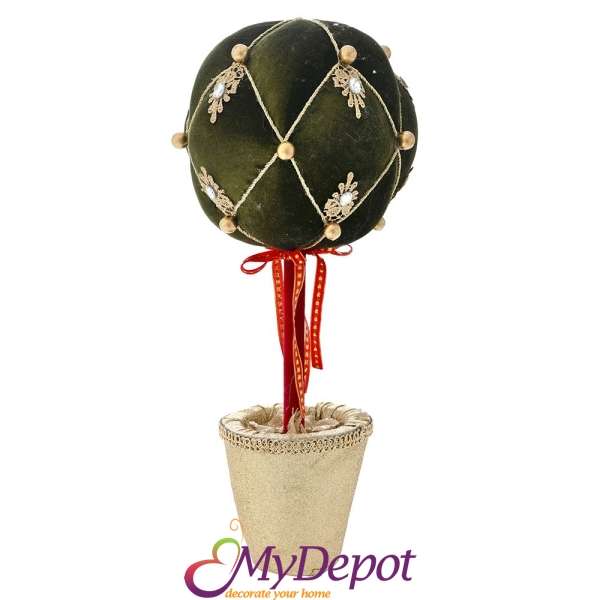 Декорация - топка от зелено кадифе в саксия, 21х21х51 см