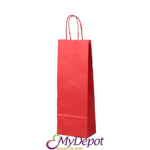 Хартиена подаръчна торбичка за бутилка, червена, 12х36х9 см