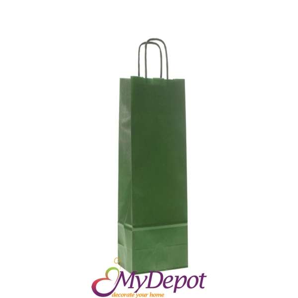 Хартиена подаръчна торбичка за бутилка, зелена, 12х36х9 см