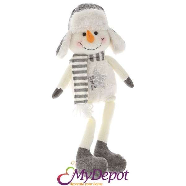 Плюшен Снежко с висящи крака и сива шапка, 19х42 см